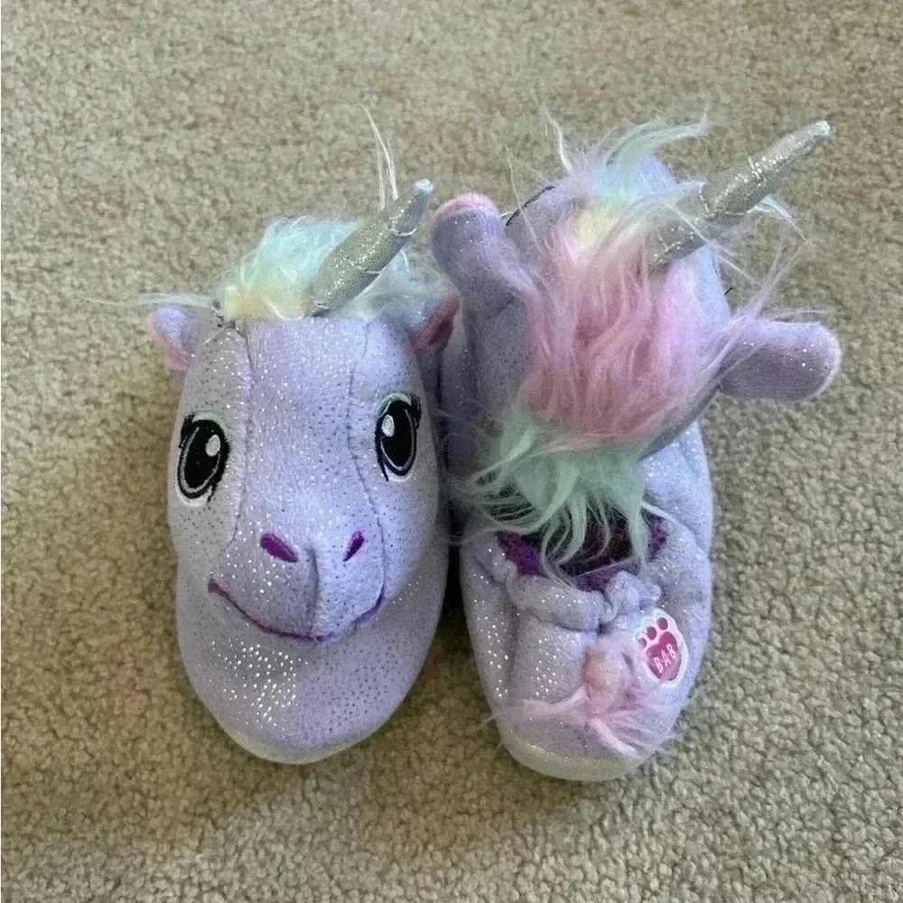 BUILD A BEAR Unicorn Slippers Sz S kids purple fun fuzzy